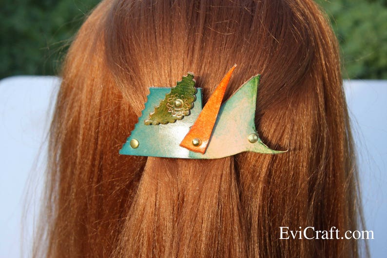 Handmade Leather French hair barrette flowers green leather hair accessory Leather Hair clip asymmetry women Hair Accessory