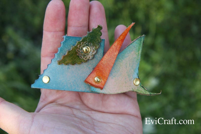 Handmade Leather French hair barrette flowers green leather hair accessory Leather Hair clip asymmetry women Hair Accessory