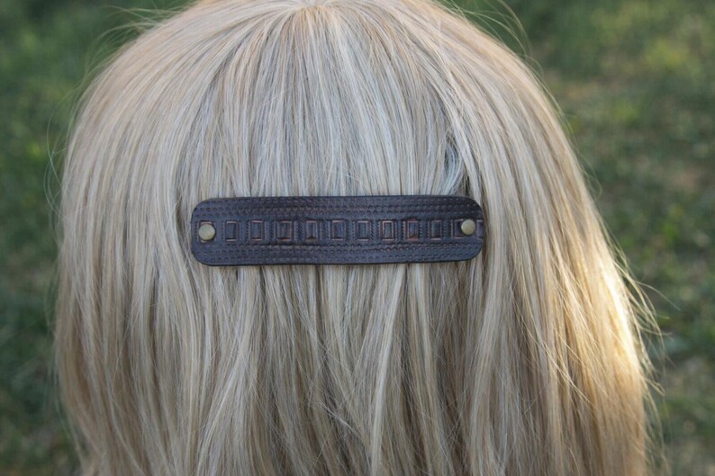 Black Leather French Hair Barrette – Handmade Large Minimalist Hair Clip – Stitched Leather Accessory – Australian Vegetable-Tanned Leather image 1