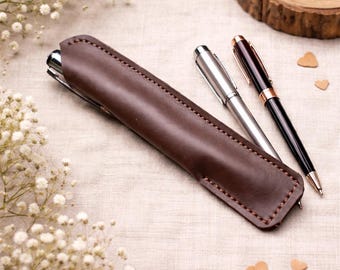 Leather Pen Case, Single Pen Sleeve, Dark Brown Leather Pen Holder, Handmade Pen Pouch, 3rd Wedding Anniversary Gift