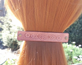 Leather Ponytail Clip Holder, French hair barrette, Handmade Hair Clip, women Hair Accessory, brown rose flower, Long hair holder