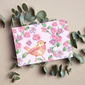 Cartão postal animal floral, cartão postal de pássaro rosa, cartões cottagecore, cartões postais vintage não utilizados, cartão postal desenhado à mão, cartões de aniversário