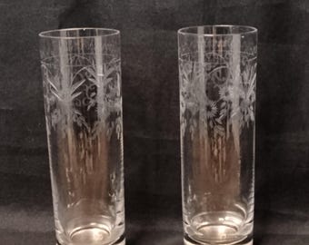 May include: Two clear glass tumblers featuring a delicate etched floral pattern around the upper portion of the cylindrical bodies. Each glass has a thick, solid base and straight sides, showcasing a detailed botanical design with leaves and flowers.