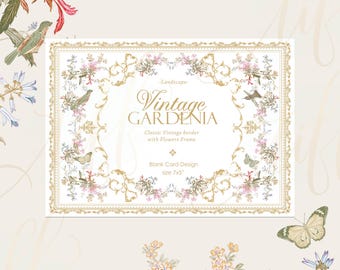 Vintage Garden Flowers with baroque borders Digital Blank Card Printable