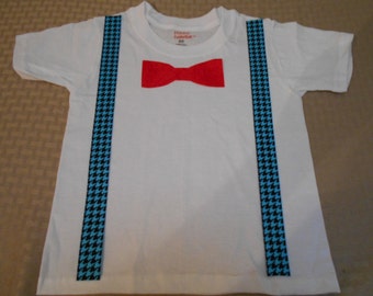 Blue Chevron Toddler Suspenders & Red Bow Tie T Shirt Cotton Machine Washable