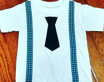 Toddler Boy T Shirt with Tie and Suspenders Blue Chevron and Neck Tie