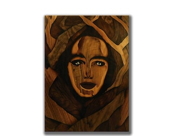 Visage nature sombre art mural en bois sculpté, marqueterie, intarsia, travail du bois sur mesure, tentures murales en bois originales, art du noyer, décoration de la maison