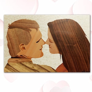 portrait de mariage original, commande de couple, 20e, 25e, 30e anniversaire, portrait en bois, cadeaux en marqueterie