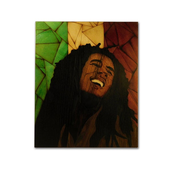 Bob Marley | Portrait en bois | Marqueterie en bois | Peinture fanart originale | Couleurs Rasta Jamaïque | Tenture murale rétro | Artisanat d'incrustation en intarsia
