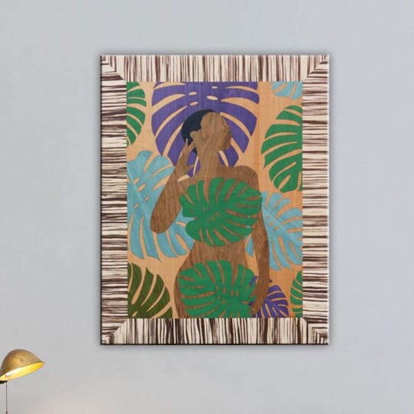 Style femme africaine originale | Tableau marqueterie de bois | Art mural coloré | Grande reine incrustée | Tenture murale américaine | Plantes et feuilles