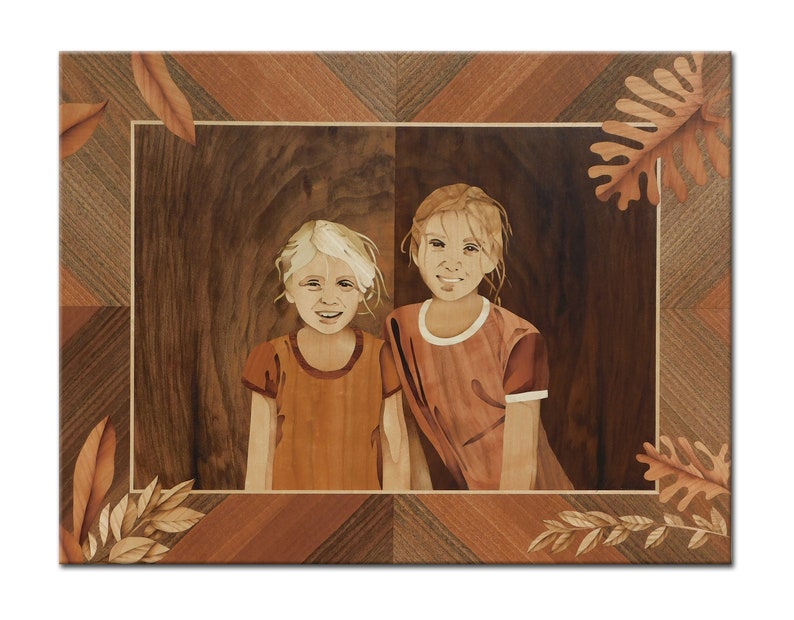 Wooden marquetry portrait Inlay family painting Anniversary gift Gift for couple Intarsia wall hanging Real Handmade Mosaic art image 6