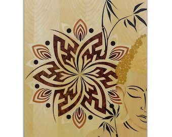 Large Buddha Marquetry Wall Art: Handmade Wood Carving
