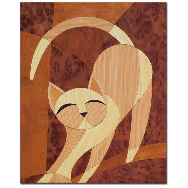 Mur de chat en bois suspendu | Art mural en marqueterie | Décoration intérieure MCM | Cadeau d’amoureux des chats | Peinture d’incrustation de bois rétro | Galerie d'art mural