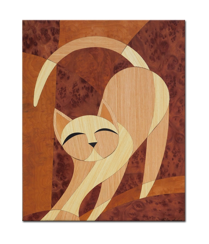 Wooden Cat Wall Hanging Marquetry Wall Art MCM Home Decor Cat Lover Gift Retro Wood Inlay Painting Gallery Wall Art image 1