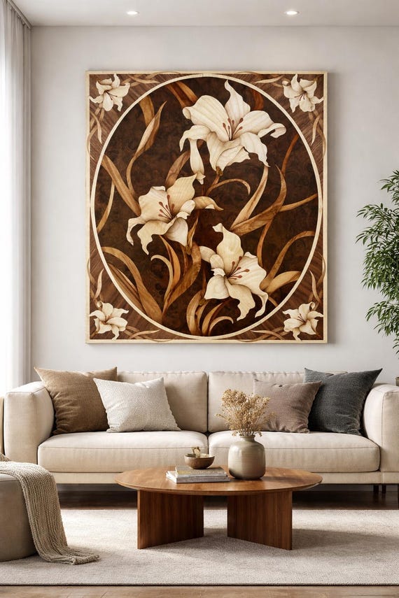 ドライフラワーアート『忘れられし木霊』 Wood Vintage Art Nouveau Marquetry, Lily Flowers Inlay Wall Art