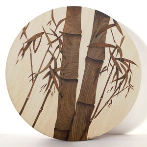 Bamboo fan, botanical wall art, custom woodworking, wood wall mosaic, wood office decor customizable, black and brown bamboo wall art,