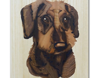 Dachshund dog portrait | Wooden pet wall hanging | Doggo, doggy first birthday | Wooden marquetry | Inlay animal painting | Real wood gift