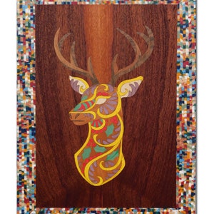 Colorful Deer Marquetry: Handmade Wood Inlay Painting