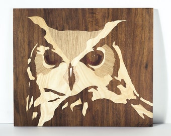 Owl gift decor wood art marquetry