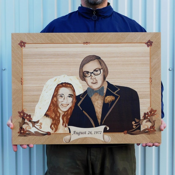 Portrait de famille en bois | Commission couple | Cadeau 30e 25e anniversaire | Cadeau de mariage | Marqueterie de bois | Peinture incrustée | Mur en intarsia