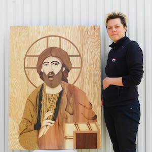 Marqueterie de bois Jésus-Christ | Peinture murale murale incrustée | Image religion | Portrait de Dieu | Grand bureau, décoration de temple, d'église | bricolage