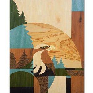 Bald Eagle Wood Painting | Marquetry Art | Patriotic Home Decor | Wood Anniversary Gift | American Eagle Art | Wood Inlay | Wall hanging