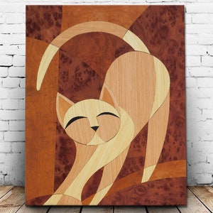 Wooden Cat Wall Hanging Marquetry Wall Art MCM Home Decor Cat Lover Gift Retro Wood Inlay Painting Gallery Wall Art image 3