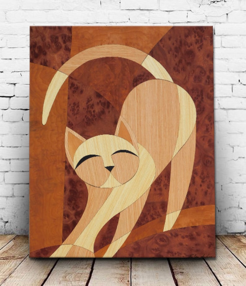 Wooden Cat Wall Hanging Marquetry Wall Art MCM Home Decor Cat Lover Gift Retro Wood Inlay Painting Gallery Wall Art image 3