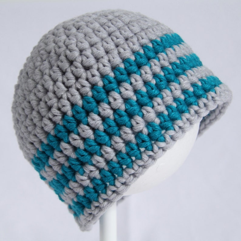 Child/'s size 2 to 5 years. Suits a boy or girl Silver grey and turquoise striped crochet child/'s beanie hat Handmade in merino wool