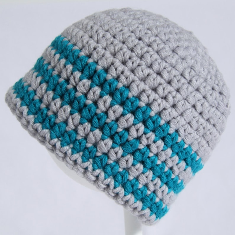 Child/'s size 2 to 5 years. Suits a boy or girl Silver grey and turquoise striped crochet child/'s beanie hat Handmade in merino wool