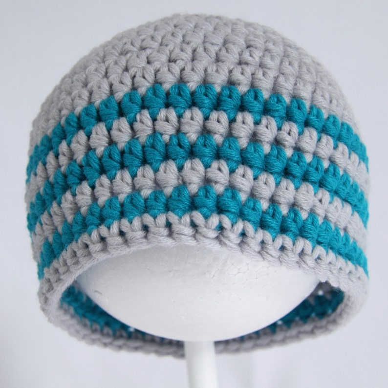 Child/'s size 2 to 5 years. Suits a boy or girl Silver grey and turquoise striped crochet child/'s beanie hat Handmade in merino wool