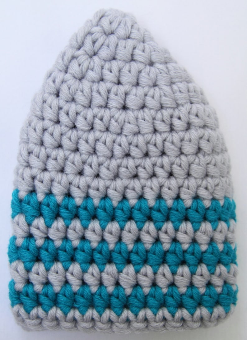 Child/'s size 2 to 5 years. Suits a boy or girl Silver grey and turquoise striped crochet child/'s beanie hat Handmade in merino wool