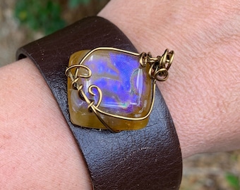 Leather Cuff Dichroic Fused Art Glass Bracelet