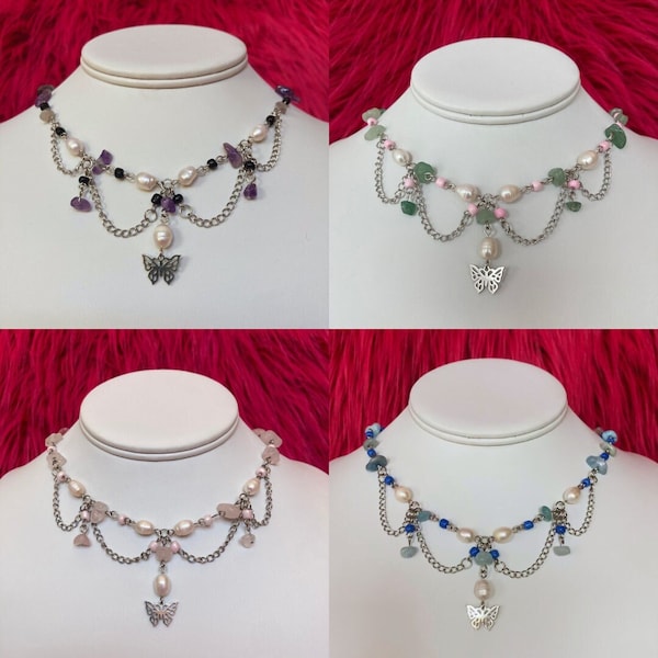 butterfly charm, crystals and freshwater pearls 304 stainless steel crystal beaded princess necklace 16” + 2” extension chain