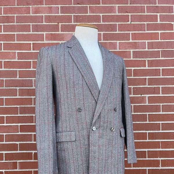 1980s Men's Brown Striped Double-Breasted Wool Suit Jacket Size 42 Long Vintage Sport Coat Blazer Retro Business Miami Vice Men's Gift