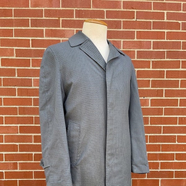 Vintage 1970's Men's Blue Houndstooth Check Polyester Overcoat, Size Medium, Vintage Overcoat, Vintage Winter Coat, Men's Overcoat, Retro