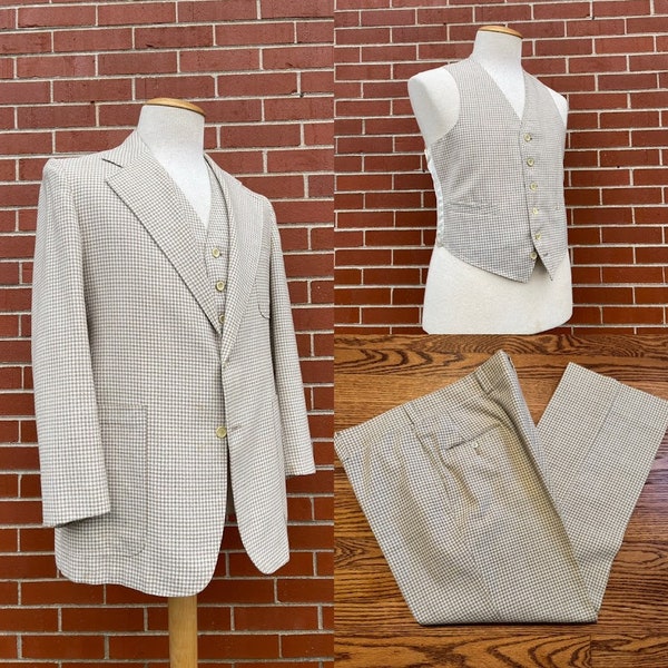 Vintage 1970's Men's Beige Checked Wool Three-Piece Suit, Size Large, 70's Men's Suit, Men's Three-Piece Suit, Men's Wool Suit, Hippie Suit