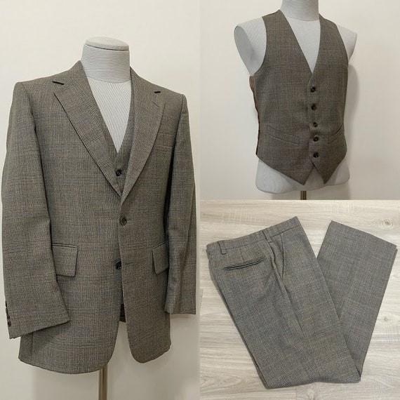 Vintage 1970's Men's Brown Glen Plaid Wool Three-P