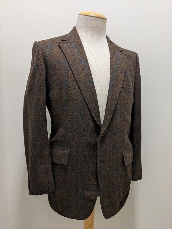 Vintage 1970's 70's Men's Brown and Blue Windowpan
