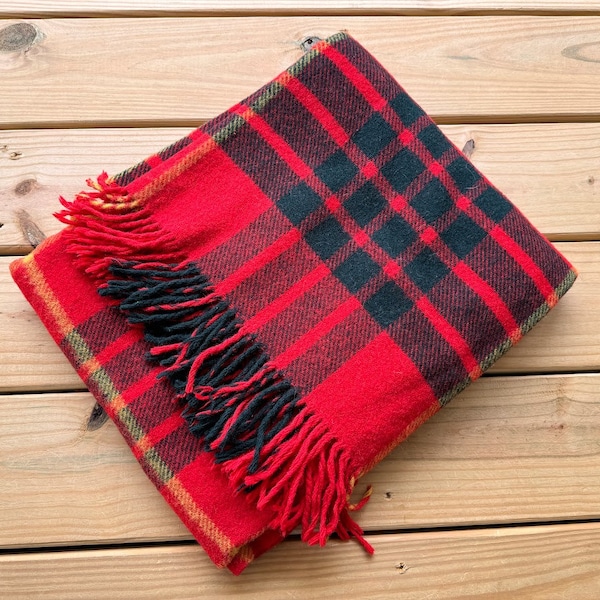 Vintage Tartan Wool Fabric Half Blanket Retro Plaid Heavy Traditional Rustic Scottish Fringed Selvedge Throw Decorative Rugged Camping