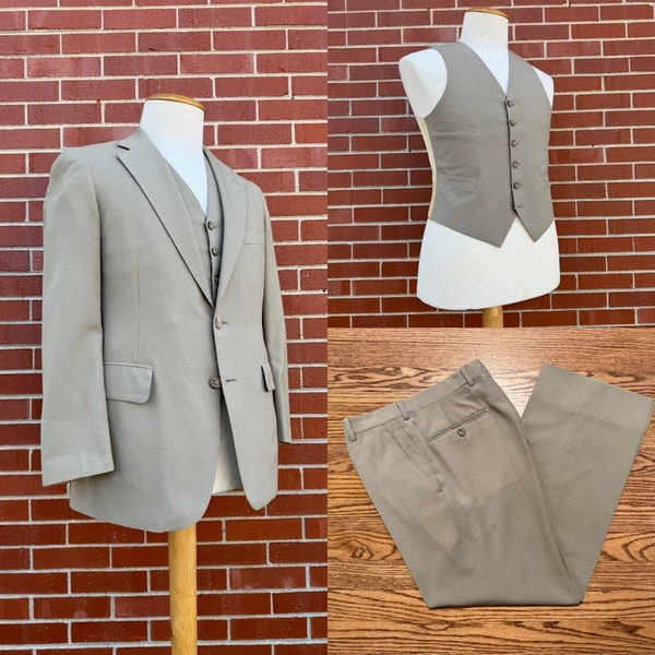 Vintage 1970's Men's Ralph Lauren Khaki Wool Three-Piece Suit, Size Medium, Vintage Ralph Lauren Suit, Vintage Three-Piece Suit, 70's Suit