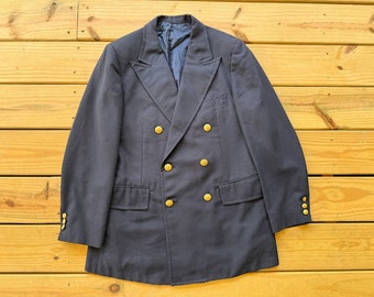 1970er Jahre Herren Blau Wolle Zweireiher Blazer Größe Medium Vintage Anzug Jacke Sport Mantel Made in USA Preppy Business Rockabilly Geschenke für Männer
