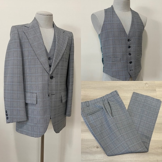 Vintage 1970's Men's Glen Plaid Three-Piece Suit P