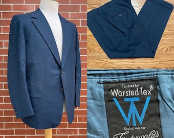 Vintage 1970's Men's Blue Windowpane Wool Two-Piece Suit, Size Large, 70's Men's Suit, Men's Two-Piece Suit, Men's Wool Suit, Retro Suit