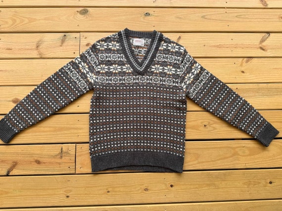 1970s Mens Grey Acrylic Fair Isle Sweater Size Me… - image 1