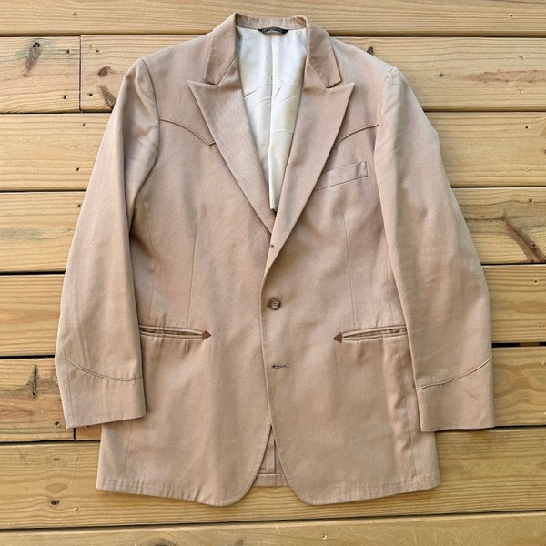 1970s Mens Khaki Cotton Western Style Suit Jacket Size Medium Vintage Sport Coat Blazer Retro Cowboy Rockabilly Country Music Gifts for Men