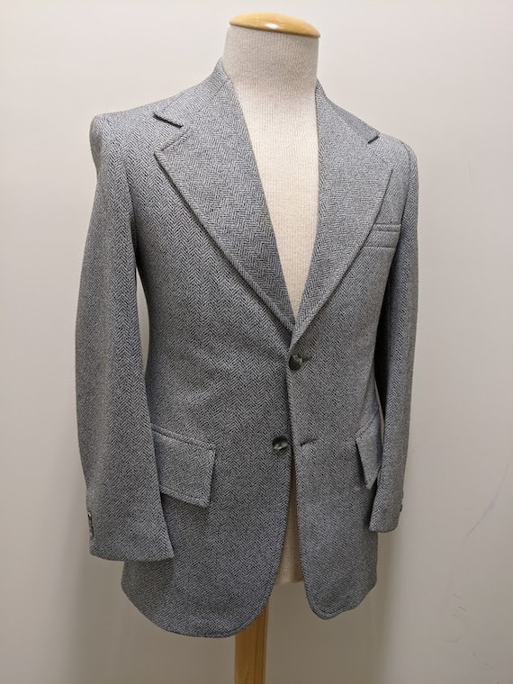 Vintage 1970's Men's Grey Herringbone Suit Jacket