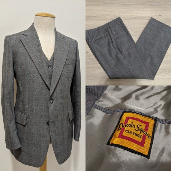 Vintage 1970's 70's Men's Grey Glen Plaid Three-Pi