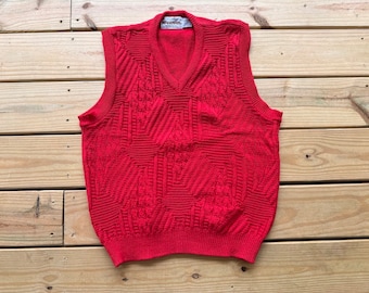 1990s Mens Red Acrylic Knit Sweater Vest Size Large Vintage Retro Geek Preppy Geek Hippie Boho Business Geometric Streetwear Gifts for Men