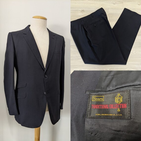 Vintage 1970's Men's Black Wool Two-Piece Suit Bla